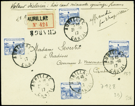 N°151, 25c + 15c Orphelins, 4 pièces OBL Aurillac 