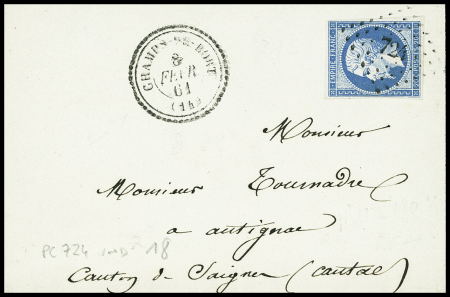 N°14 OBL PC 724 + T22 "Champs de Bort" (1861) sur 