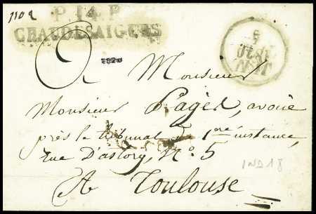 MP "P 14 P Chaudesaigues" + dateur A (1830), ind 1