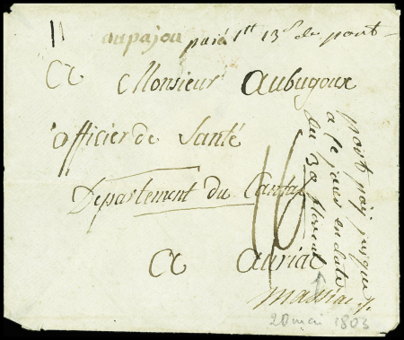 Env. adressée à Massiac avec au verso marque manus