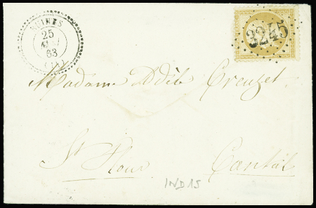 N°21 OBL GC 3245 + T22 "Ruines" (1863) sur lettre,