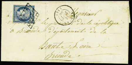N°4 OBL grille + T15 Salers (1850) sur lettre, ind