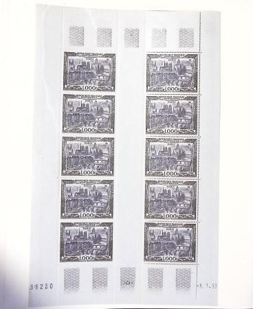 N°29 1000f Vu de Paris, feuille entière de 10 exemplaires,