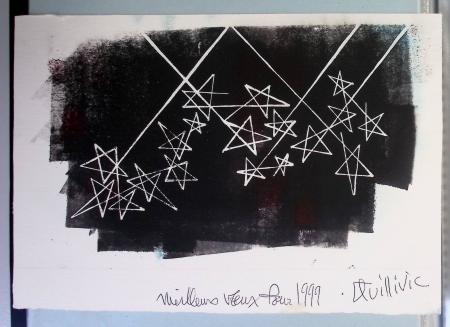 Chemise souple noire : dessins et cartes de vœux de graveurs de timbres dont un projet Clémenceau de Joseph Rajewicz (1982) dont Decaris, Béquet, Andreotto