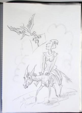 Chemise souple noire : dessins et cartes de vœux de graveurs de timbres dont un projet Clémenceau de Joseph Rajewicz (1982) dont Decaris, Béquet, Andreotto