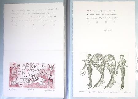 Chemise souple noire : dessins et cartes de vœux de graveurs de timbres dont un projet Clémenceau de Joseph Rajewicz (1982) dont Decaris, Béquet, Andreotto