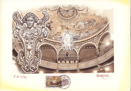 Chemise souple noire : dessins et cartes de vœux de graveurs de timbres dont un projet Clémenceau de Joseph Rajewicz (1982) dont Decaris, Béquet, Andreotto