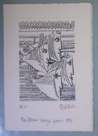 Chemise souple noire : dessins et cartes de vœux de graveurs de timbres dont un projet Clémenceau de Joseph Rajewicz (1982) dont Decaris, Béquet, Andreotto