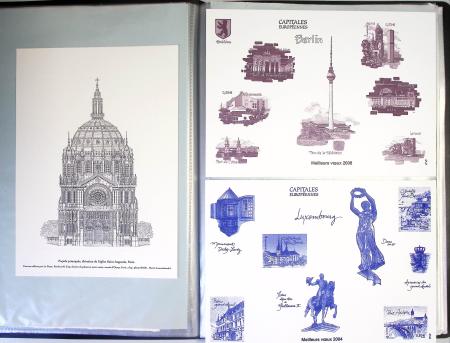 Chemise souple noire : dessins et cartes de vœux de graveurs de timbres dont un projet Clémenceau de Joseph Rajewicz (1982) dont Decaris, Béquet, Andreotto