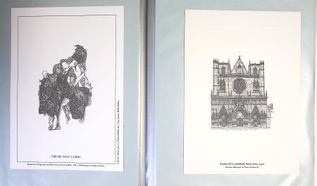 Chemise souple noire : dessins et cartes de vœux de graveurs de timbres dont un projet Clémenceau de Joseph Rajewicz (1982) dont Decaris, Béquet, Andreotto