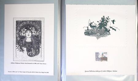 Chemise souple noire : dessins et cartes de vœux de graveurs de timbres dont un projet Clémenceau de Joseph Rajewicz (1982) dont Decaris, Béquet, Andreotto