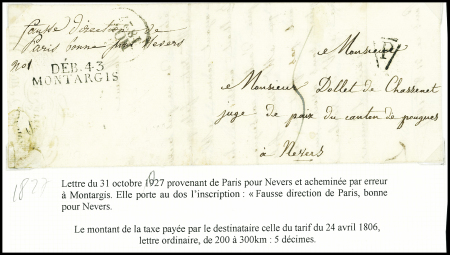 Lettre de Paris pour Nevers (1827) avec au verso MP "Deb 43 Montargis", ind 19. TB