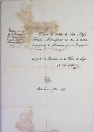 Boitier de 5 documents sur la chouannerie bretonne : envoi autographe expédié de Londres (15 oct 1843) par Henry comte de Chambord présenté sous verre dans un cadre