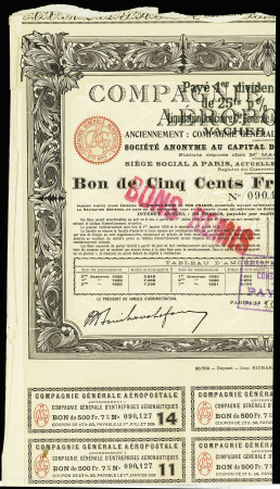Action au porteur de 500F de la Compagnie Générale Aéropostale (1927) avec signature en fac simile de Marcel Bouilloux - Lafont. TB