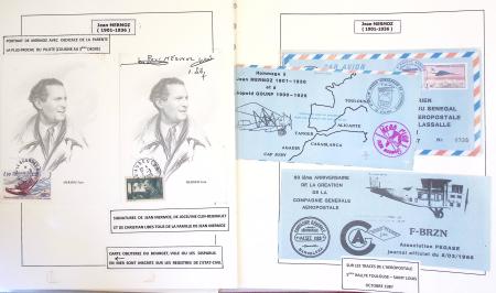 Collection de 199 pages sur la vie de Jean Mermoz montée sur feuilles Safe : quelques plis d'époque, nombreux plis commémoratifs de 1937 à nos jours,...