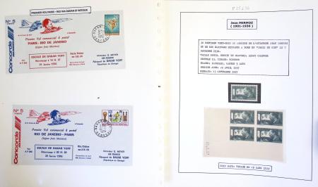 Collection de 199 pages sur la vie de Jean Mermoz montée sur feuilles Safe : quelques plis d'époque, nombreux plis commémoratifs de 1937 à nos jours,...