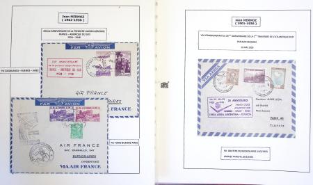 Collection de 199 pages sur la vie de Jean Mermoz montée sur feuilles Safe : quelques plis d'époque, nombreux plis commémoratifs de 1937 à nos jours,...