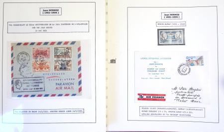 Collection de 199 pages sur la vie de Jean Mermoz montée sur feuilles Safe : quelques plis d'époque, nombreux plis commémoratifs de 1937 à nos jours,...
