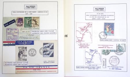 Collection de 199 pages sur la vie de Jean Mermoz montée sur feuilles Safe : quelques plis d'époque, nombreux plis commémoratifs de 1937 à nos jours,...