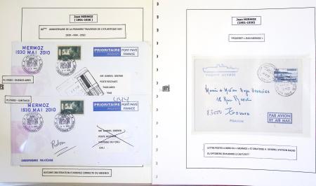Collection de 199 pages sur la vie de Jean Mermoz montée sur feuilles Safe : quelques plis d'époque, nombreux plis commémoratifs de 1937 à nos jours,...