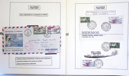 Collection de 199 pages sur la vie de Jean Mermoz montée sur feuilles Safe : quelques plis d'époque, nombreux plis commémoratifs de 1937 à nos jours,...