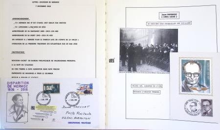 Collection de 199 pages sur la vie de Jean Mermoz montée sur feuilles Safe : quelques plis d'époque, nombreux plis commémoratifs de 1937 à nos jours,...