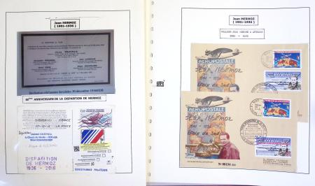 Collection de 199 pages sur la vie de Jean Mermoz montée sur feuilles Safe : quelques plis d'époque, nombreux plis commémoratifs de 1937 à nos jours,...
