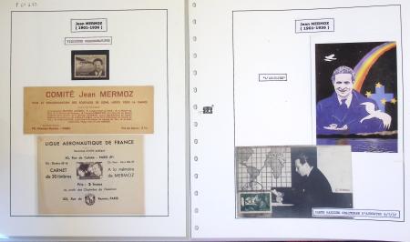 Collection de 199 pages sur la vie de Jean Mermoz montée sur feuilles Safe : quelques plis d'époque, nombreux plis commémoratifs de 1937 à nos jours,...