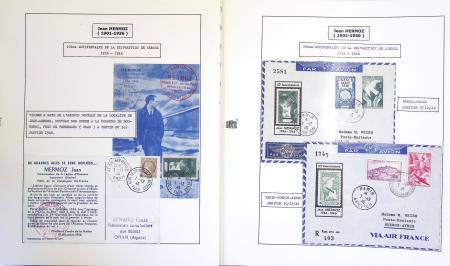Collection de 199 pages sur la vie de Jean Mermoz montée sur feuilles Safe : quelques plis d'époque, nombreux plis commémoratifs de 1937 à nos jours,...