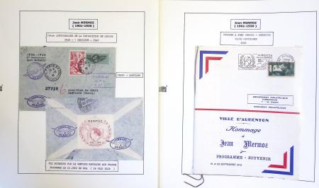 Collection de 199 pages sur la vie de Jean Mermoz montée sur feuilles Safe : quelques plis d'époque, nombreux plis commémoratifs de 1937 à nos jours,...