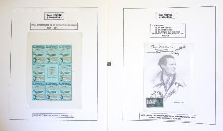Collection de 199 pages sur la vie de Jean Mermoz montée sur feuilles Safe : quelques plis d'époque, nombreux plis commémoratifs de 1937 à nos jours,...