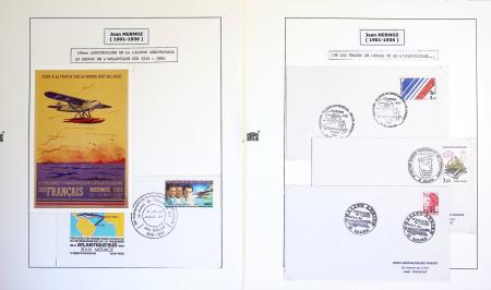 Collection de 199 pages sur la vie de Jean Mermoz montée sur feuilles Safe : quelques plis d'époque, nombreux plis commémoratifs de 1937 à nos jours,...