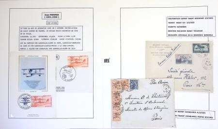 Collection de 199 pages sur la vie de Jean Mermoz montée sur feuilles Safe : quelques plis d'époque, nombreux plis commémoratifs de 1937 à nos jours,...