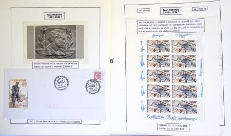 Collection de 199 pages sur la vie de Jean Mermoz montée sur feuilles Safe : quelques plis d'époque, nombreux plis commémoratifs de 1937 à nos jours,...