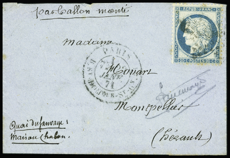 N°37 OBL étoile 20 + CAD "Paris R. St DOMque St Gn 56" (22 janv 71) sur ballon monté pour Montpellier (Le Torricelli), arrivée 2 fev. TB
