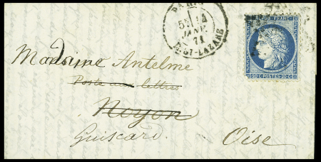 N°37 OBL étoile 2 + CAD "Paris R. St Lazare" (14 janv 71) sur ballon monté pour Noyon, arrivée le 22 janv (Le Vaucanson). TB