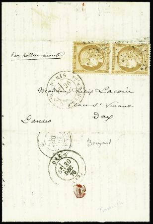 N°36 en paire verticale OBL étoile 20 + CAD "Paris R. St DOMque St Gn 53" (26 dec 70) sur ballon monté pour Dax, arrivée 30 dec 70 (Le Tourville). TB