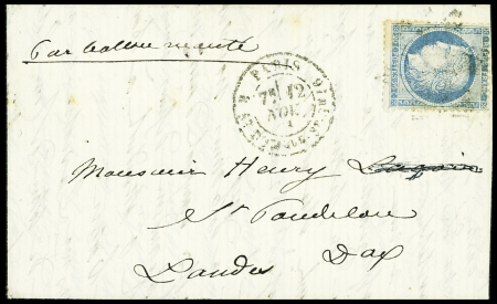 N°37 OBL étoile 20 + CAD "Paris R. St DOMque St Gn 56" (12 nov 70) sur ballon monté pour Dax, arrivée 26 nov (Le Général Uhrich). TB