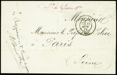 Lettre en franchise de demande de renseignements adressée à Paris concernant un détenu politique à bord de l'Austerlitz à Brest avec T17 Brest (15 sept 71)