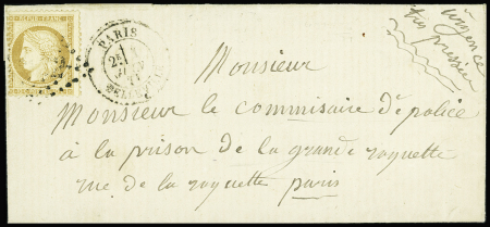 N°36 OBL GC 432 + T17 "Paris Belleville" (1 juin 71) sur lettre adressée par une femme au commissaire de police de la prison de la grande Roquette à Paris