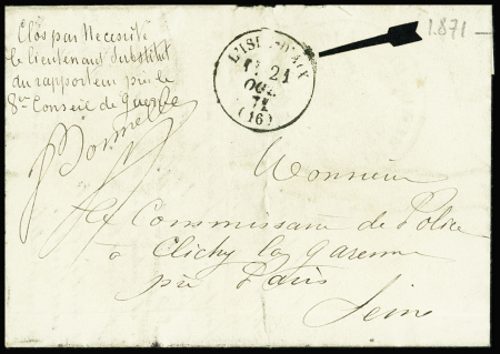 Lettre en franchise avec mention manuscrite "Le lieutenant substitut du rapporteur près le 8e conseil de guerre" avec T16 "L'Isle d'Aix (16)" (21 oct 71)