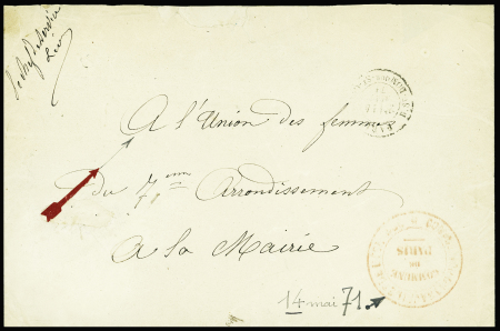 Lettre en franchise avec CAD "Paris R. St DOMque St Gn" (14 mai 71) + cachet rouge "Commune de Paris"