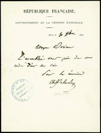 Document à en-tête "République française - gouvernement de la défense nationale" adressée à Dorian avec cachet bleu