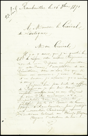 Texte de correspondance adressé au général de Lartigue par un lieutenant comdamné à la déportation par le 11ème Conseil de Guerre siégeant à Rambouillet (16 oct 1871)