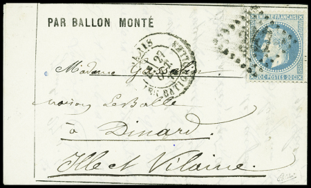 N°29 OBL GC 347 + CAD "Paris les Batignolles" (27 oct 70) sur ballon monté pour Dinard avec arrivée 2.11.1870 (Le Colonel  Charras). TB