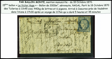 N°37 OBL étoile 7 + CAD "Paris R. des Vlles HAUDRtes" (17 oct 70) sur ballon monté pour Angers avec arrivée 22.10.70 (Le Victor Hugo). TB