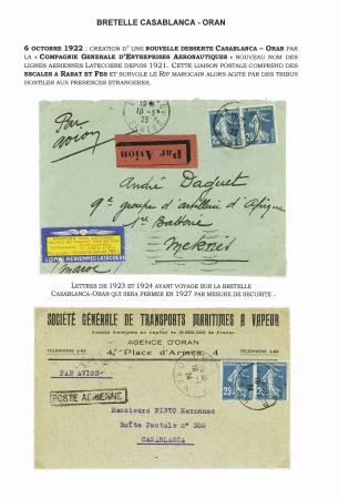 2 lettres France - Maroc (1923) et Oran - Casablanca (1924), l'une avec étiquette jaune et bleu Lignes aériennes Latécoère, l'autre avec griffe noire encadrée