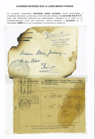 Accident d'Alicante du 11 décembre 1925 : env. brulée + env. PTT de réexpédition avec étiquette ronéotypée 3 lignes