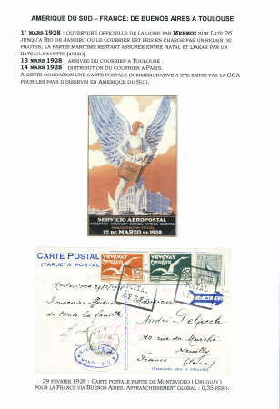 Uruguay n°244 + PA11 + PA12 OBL cachet rect noir "Servicio postal aereo" + CAD Montevideo (29.2.28) sur carte spéciale facteur ailé pour la France transportée par Mermoz