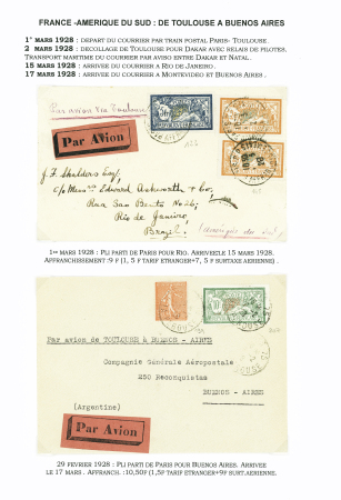 1.3.1928  2 lettres 1ère liaison avion + aviso : Paris - Rio et Paris - Buenos Aires par Mermoz AFF type Merson (Muller n°180 + 181). TB